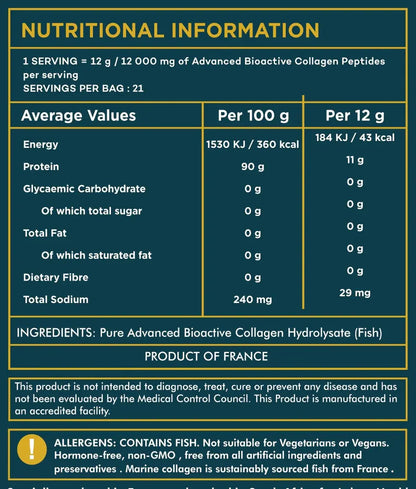 Nutritional information label for Advanced Bioactive Collagen Peptides on a dark green background