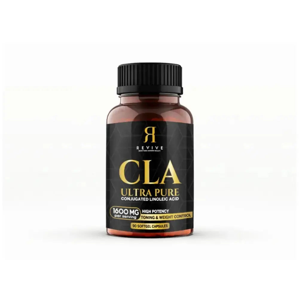 CLA supplement bottle with black and gold label on a white background