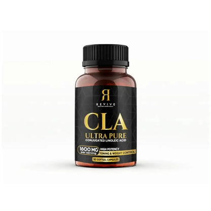 CLA supplement bottle with black and gold label on a white background