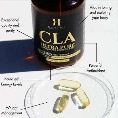 CLA ultra pure supplement bottle with capsules on a white background