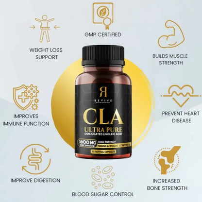 CLA supplement bottle with health benefits on a light gray background