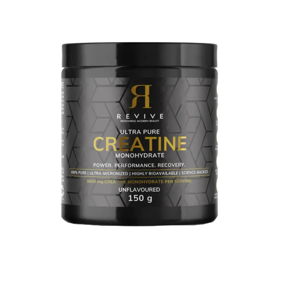 Black container of Revive Ultra Pure Creatine Monohydrate on a white background