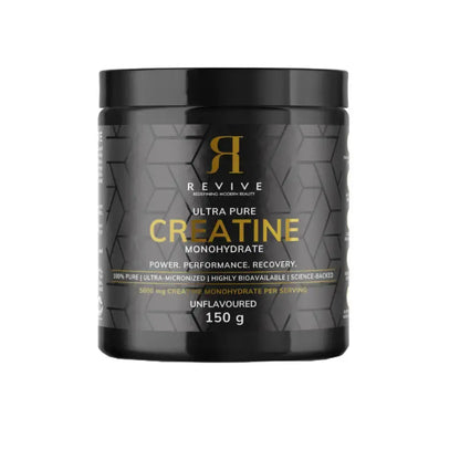 Black container of Revive Ultra Pure Creatine Monohydrate on a white background