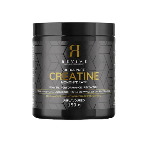 Black container of Revive Ultra Pure Creatine Monohydrate on a white background