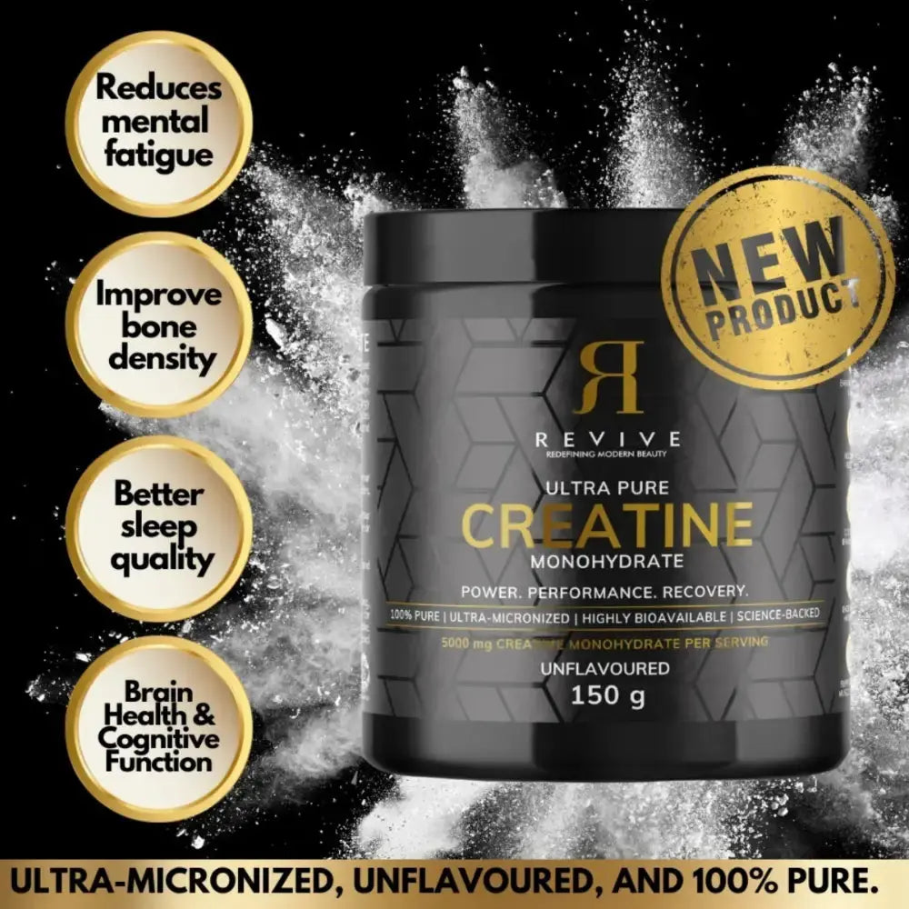 Container of Revive Ultra Pure Creatine Monohydrate with benefits listed on a black background