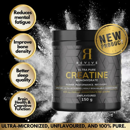 Container of Revive Ultra Pure Creatine Monohydrate with benefits listed on a black background
