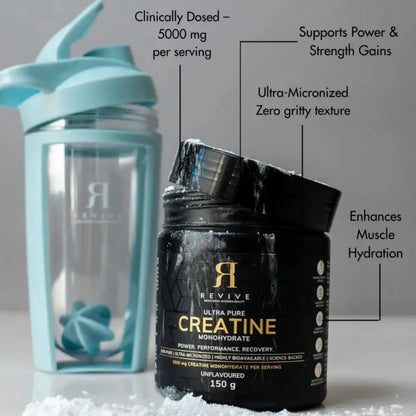 Black creatine container with text highlighting its features, next to a blue water bottle.