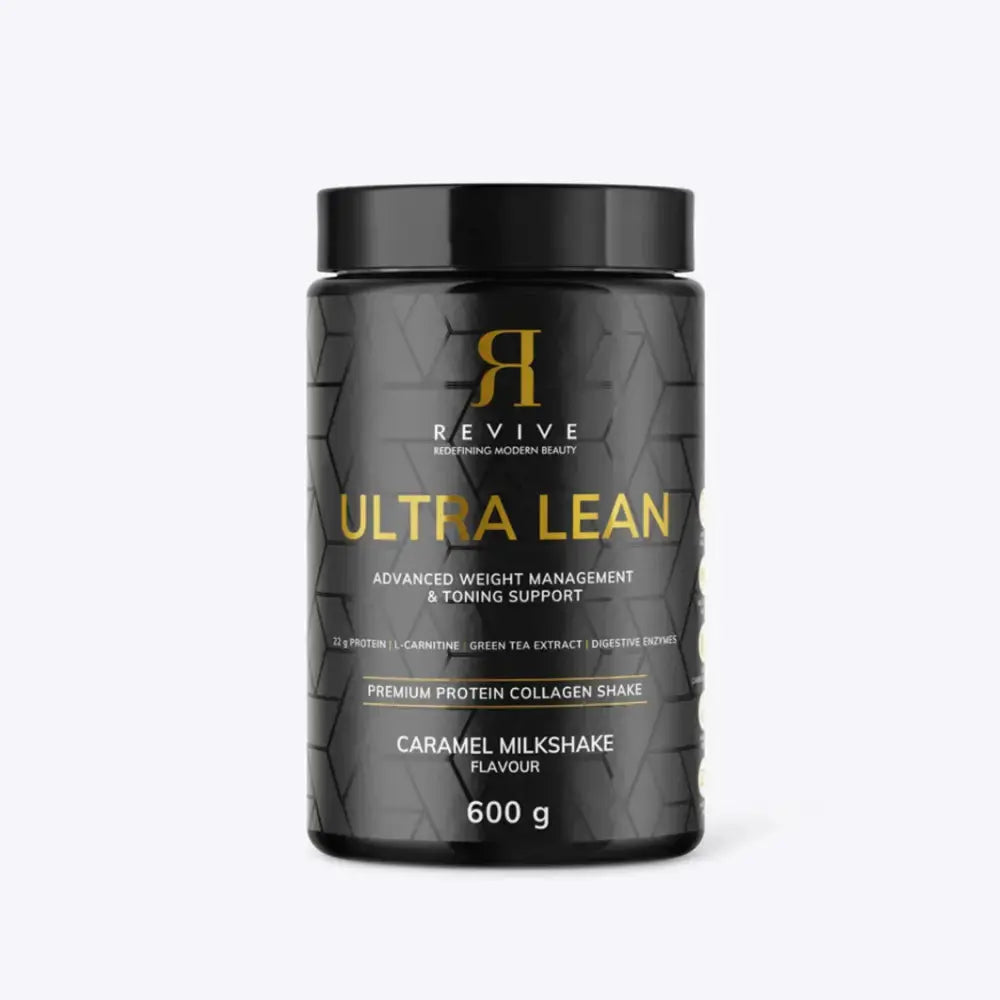 Black container of Ultra Lean protein shake with gold text on a white background