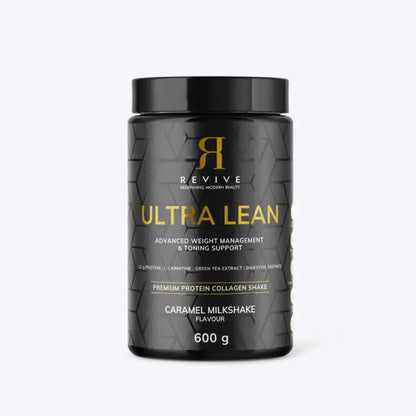 Black container of Ultra Lean protein shake with gold text on a white background