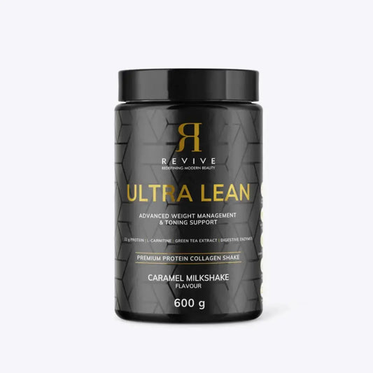 Black container of Ultra Lean protein shake with gold text on a white background