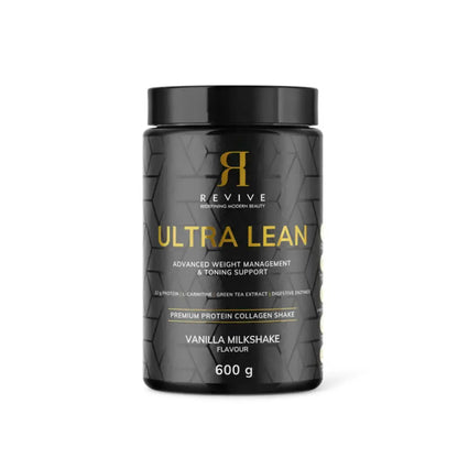 Black container of Revive Ultra Lean supplement on a white background