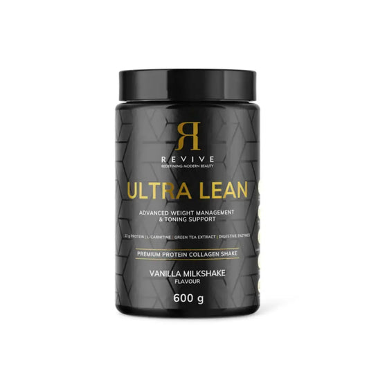 Black container of Revive Ultra Lean supplement on a white background
