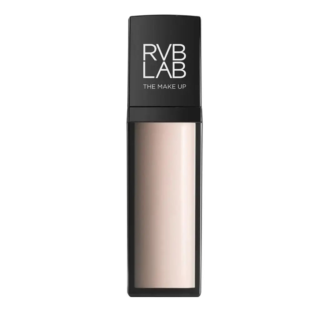 RVB LAB The Make Up liquid foundation in a tall, rectangular black bottle with a clear lower section showing the light beige foundation shade, set against a plain white background.