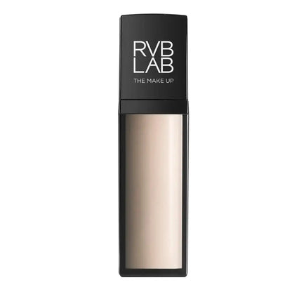RVB LAB The Make Up liquid foundation in a sleek black rectangular bottle with a clear lower section showing the beige foundation shade, set against a plain white background.