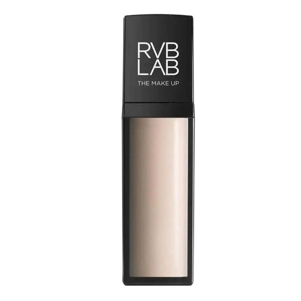 RVB LAB The Make Up liquid foundation in a tall black rectangular bottle with a clear lower section showing the beige foundation shade, on a white background.