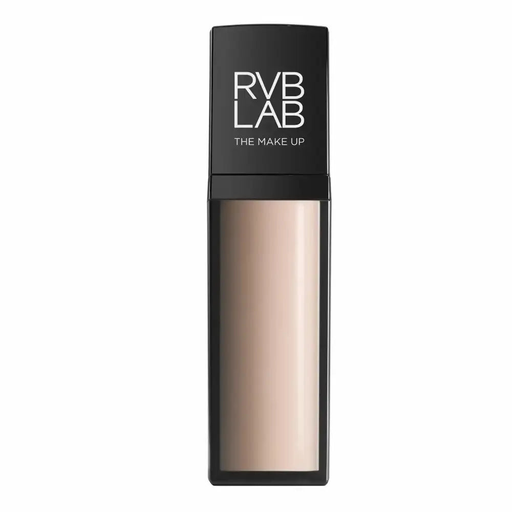 RVB LAB The Make Up liquid foundation in a tall black rectangular bottle with a clear lower section showing the beige foundation shade, on a white background.