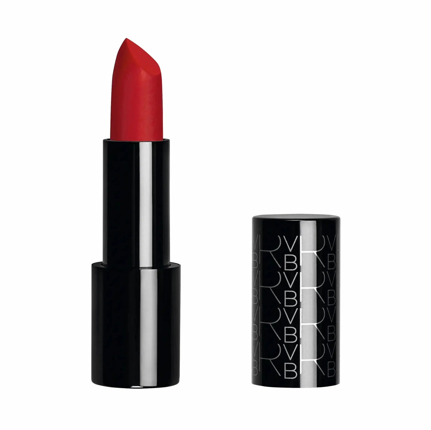 A red lipstick bullet in a glossy black tube stands next to its matching black cap on a plain white background. The cap features a repeating geometric pattern of the letters 'BV' in white.
