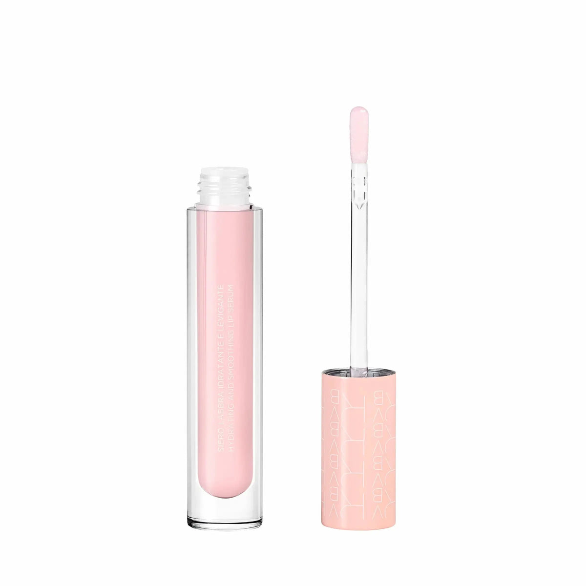 Pink lip gloss with applicator on a white background