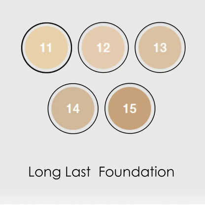 A shade chart for Long Last Foundation showing five circular swatches numbered 11 through 15 in a gradient of light beige to medium tan, on a light gray background.