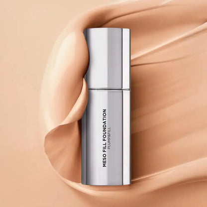 Silver Meso Fill Foundation bottle on a beige background