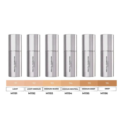 Set of silver cosmetic bottles with color swatches and labels on a white background