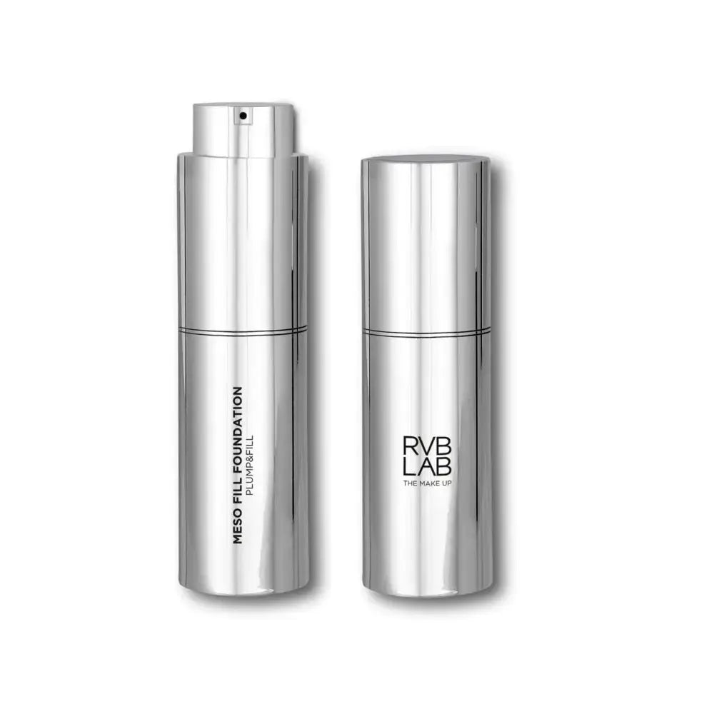 Two silver cosmetic bottles with 'RVB LAB' branding on a white background