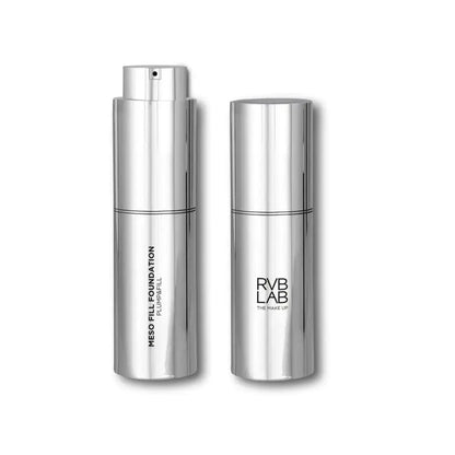 Two silver cosmetic bottles with 'RVB LAB' branding on a white background