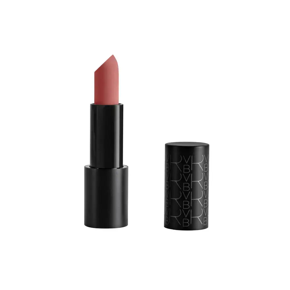 A lipstick bullet in a black tube next to its matching black cap, shown on a plain white background. The lipstick bullet is a muted dusty rose color.