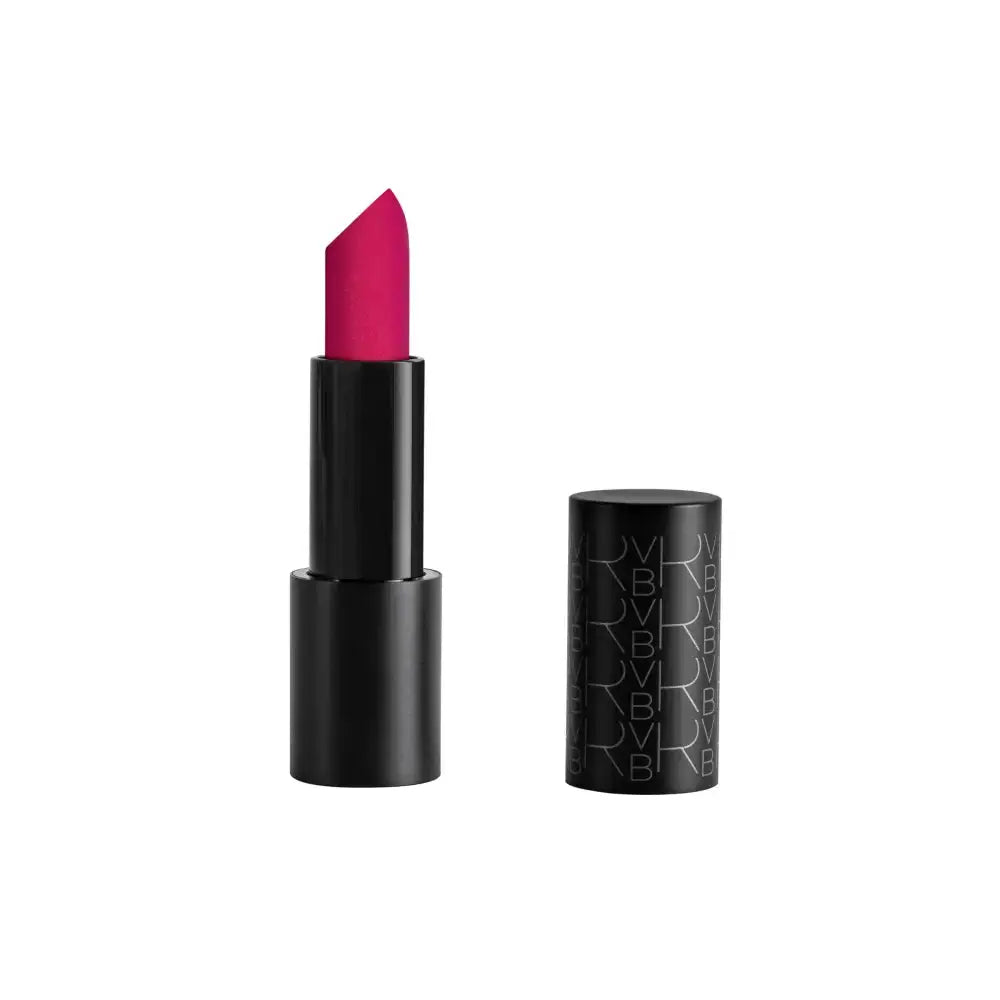 A single lipstick bullet in a black tube with its cap placed beside it on a plain white background. The lipstick bullet is a muted dusty rose pink, and the black case has subtle tonal branding text.