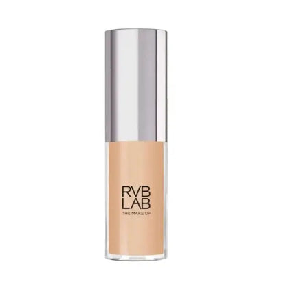 Foundation bottle with silver cap and beige body on a white background