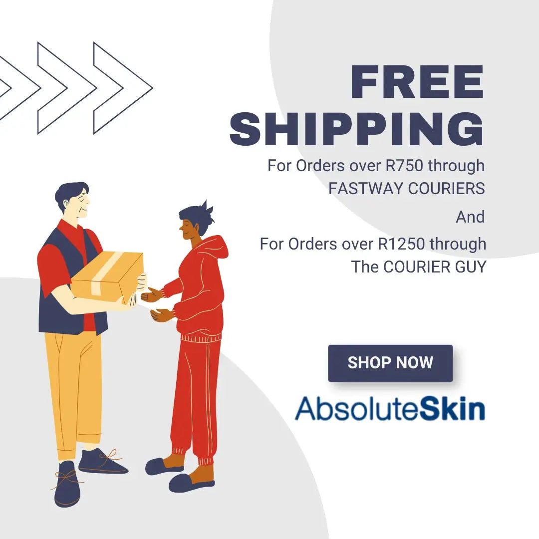 Advertisement for free shipping offer with two people exchanging a package, featuring AbsoluteSkin branding.