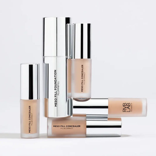 Cosmetic products including foundation and concealer from Rye Lab on a light background