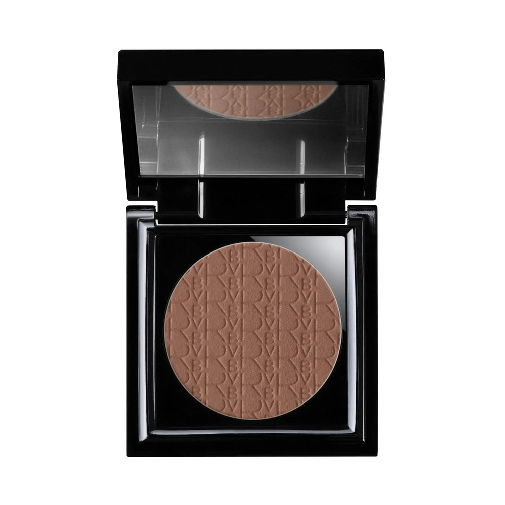 Open makeup compact with brown powder and visible brand logo on a white background