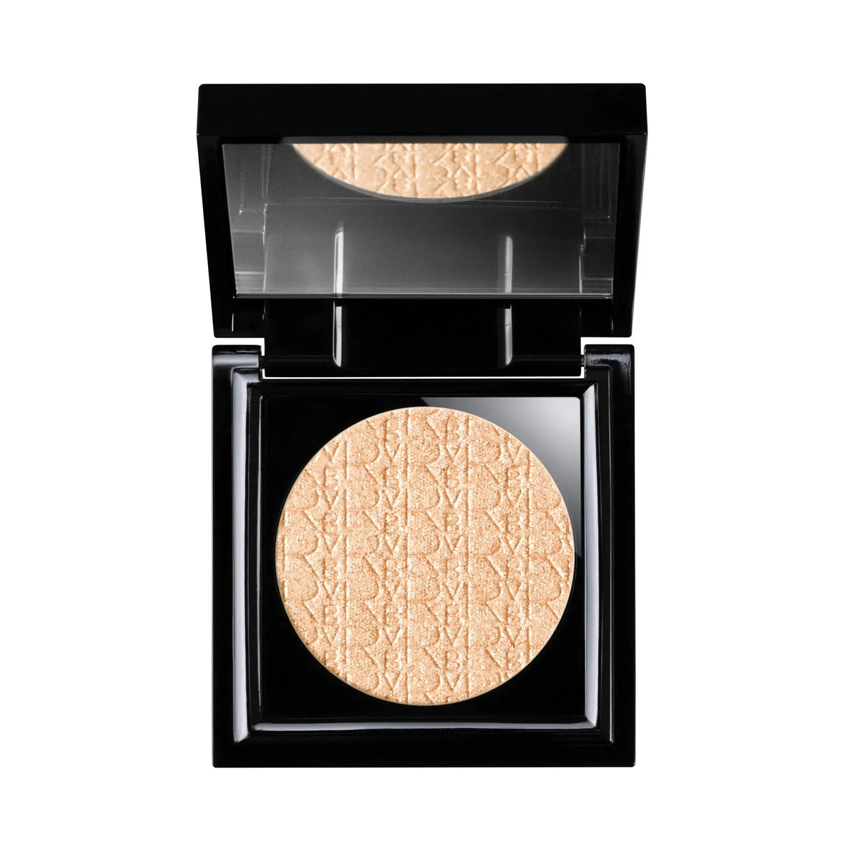 Makeup compact with beige powder and Dior logo on a white background