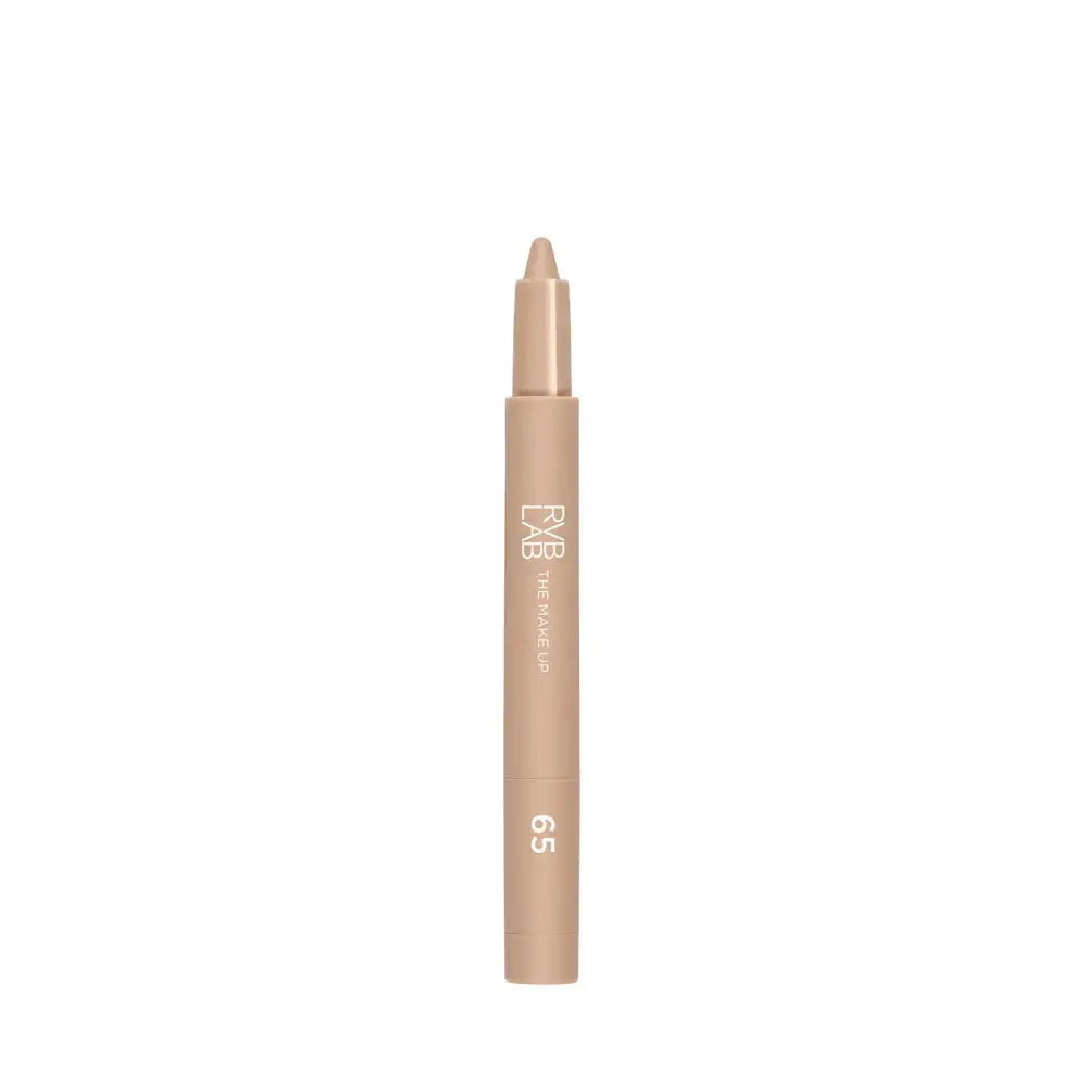 A single makeup pencil in a warm beige shade, standing vertically on a plain white background. The pencil features a matching beige cap and a light beige tip, with white text reading 'FAB' and 'eyeshadow pencil' and the shade number '65'.