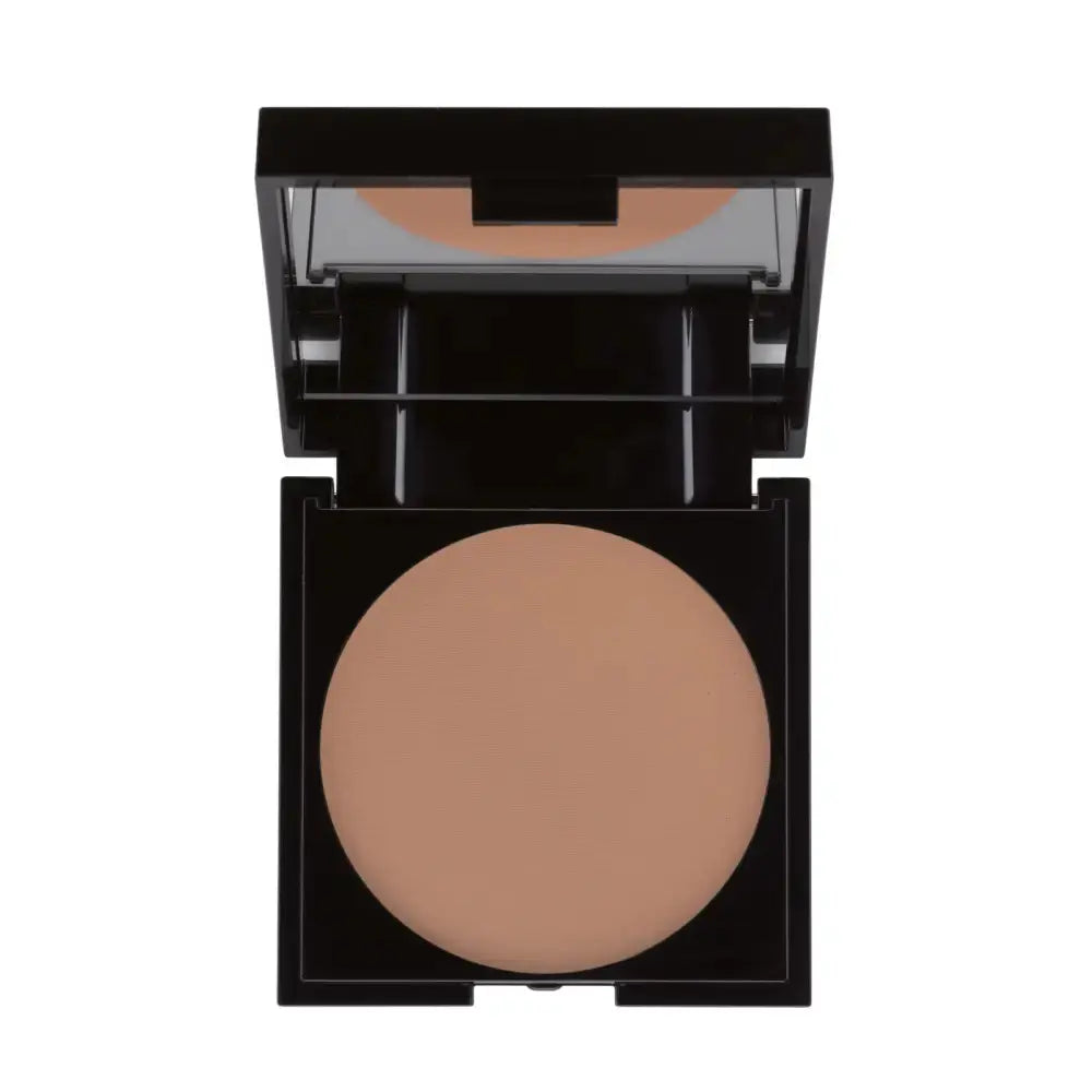 Compact brown powder in a black case on a white background