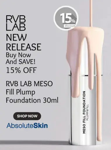 Advertisement for RVB Lab Meso Fill Plump Foundation with a 15% discount offer on a gray background.