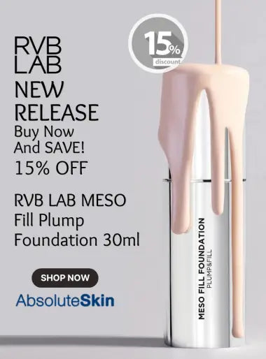 Advertisement for RVB Lab Meso Fill Plump Foundation with a 15% discount offer on a gray background.