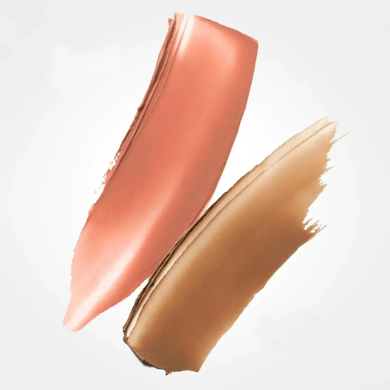 Two swatches of pink and brown makeup on a light gray background