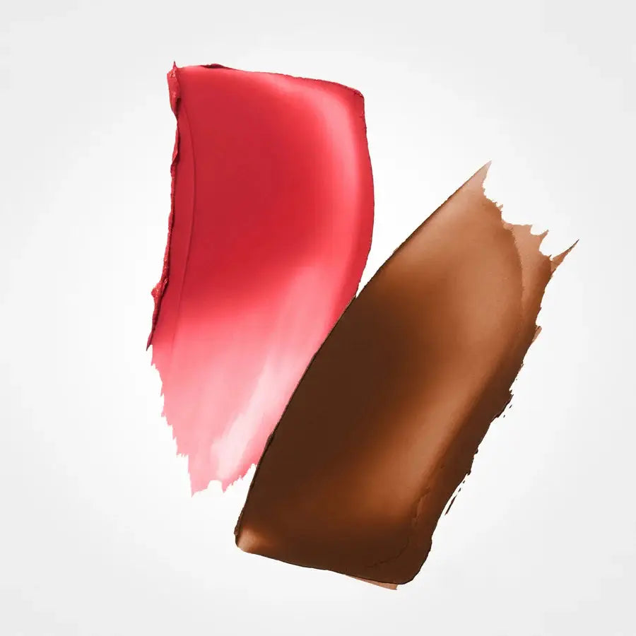 Two swatches of lipstick, one red and one brown, on a light gray background.