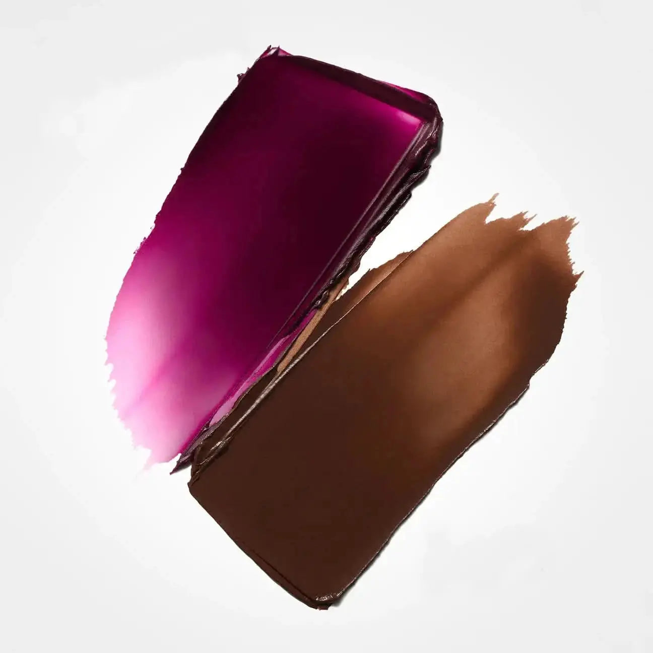 Two cosmetic cream swatches on a white background: a metallic magenta-pink swipe on top and a warm medium brown swipe below.