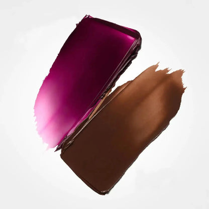 Two cosmetic cream swatches on a white background: a metallic magenta-pink swipe on top and a warm medium brown swipe below.