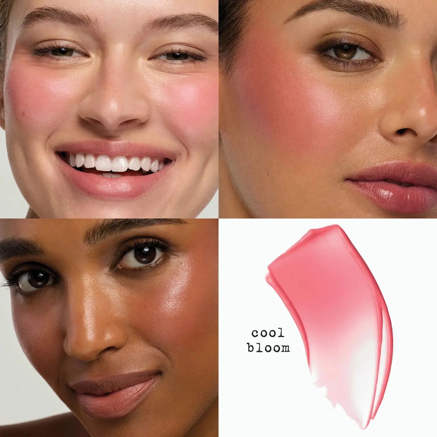 Collage of a woman's face with close-ups and a swatch of pink blush labeled 'cool bloom'.