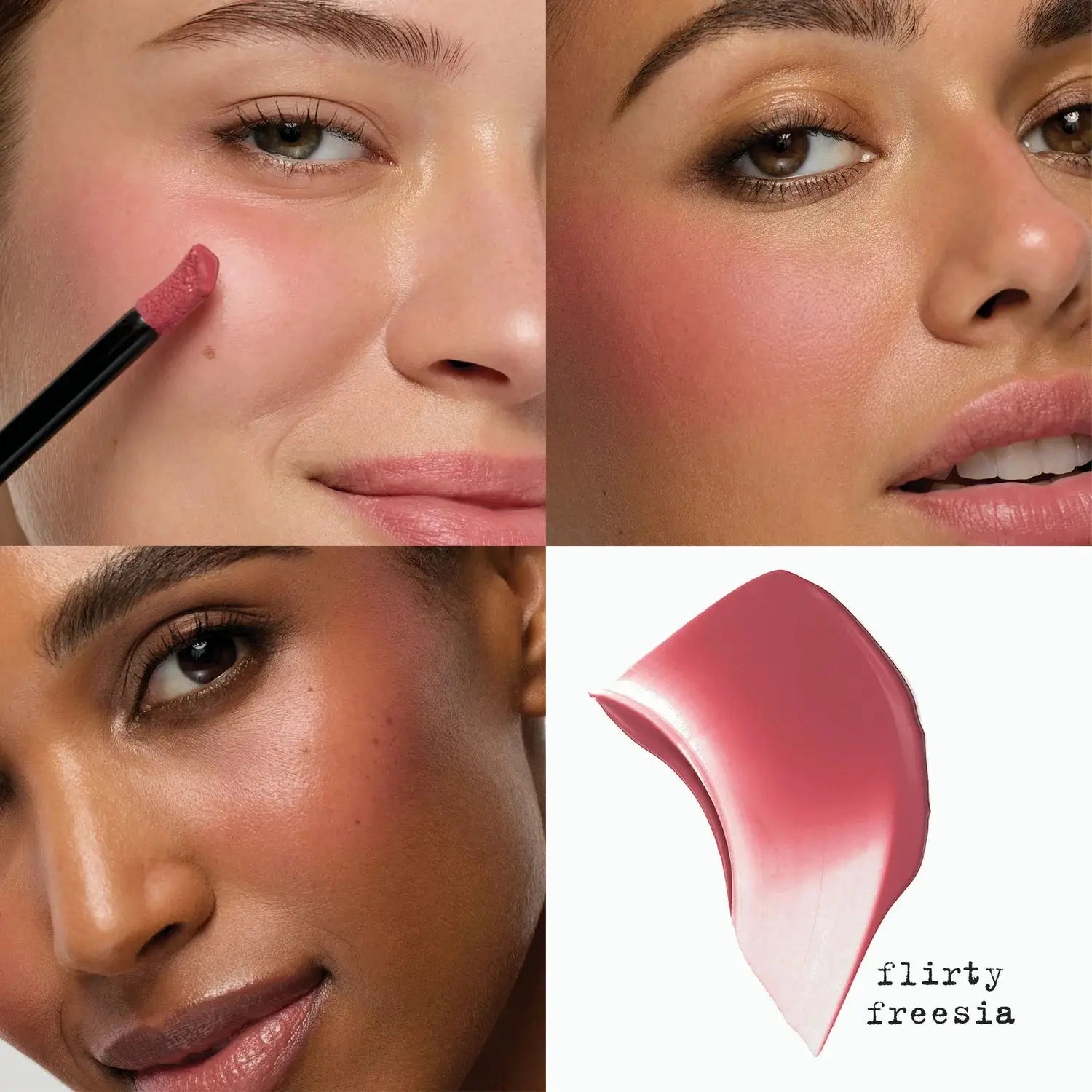 Makeup application process with a close-up of a lip product labeled 'flirty freesia'.