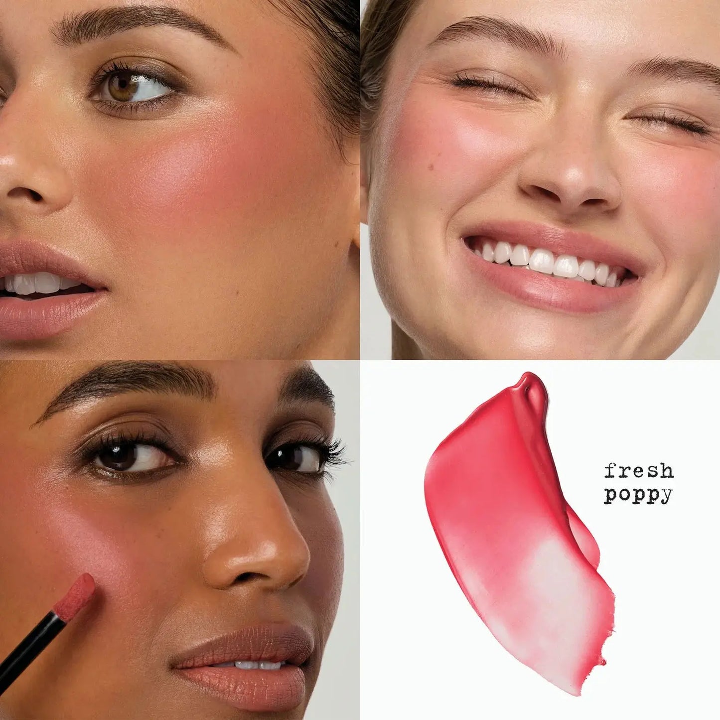 Collage of a woman applying blush with a close-up of her face, a smiling woman, and a swatch of 'fresh poppy' color.