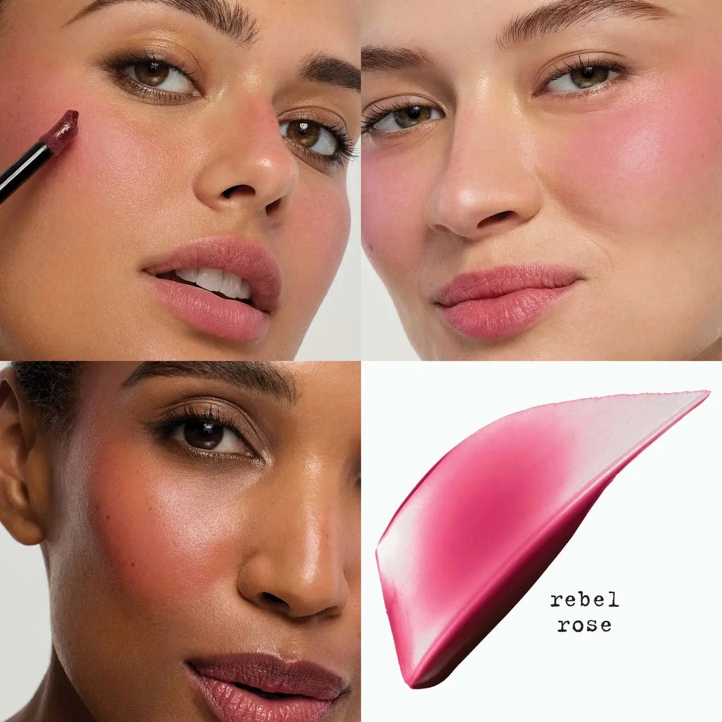 Makeup product with close-up of application on a model's face, labeled 'rebel rose'.