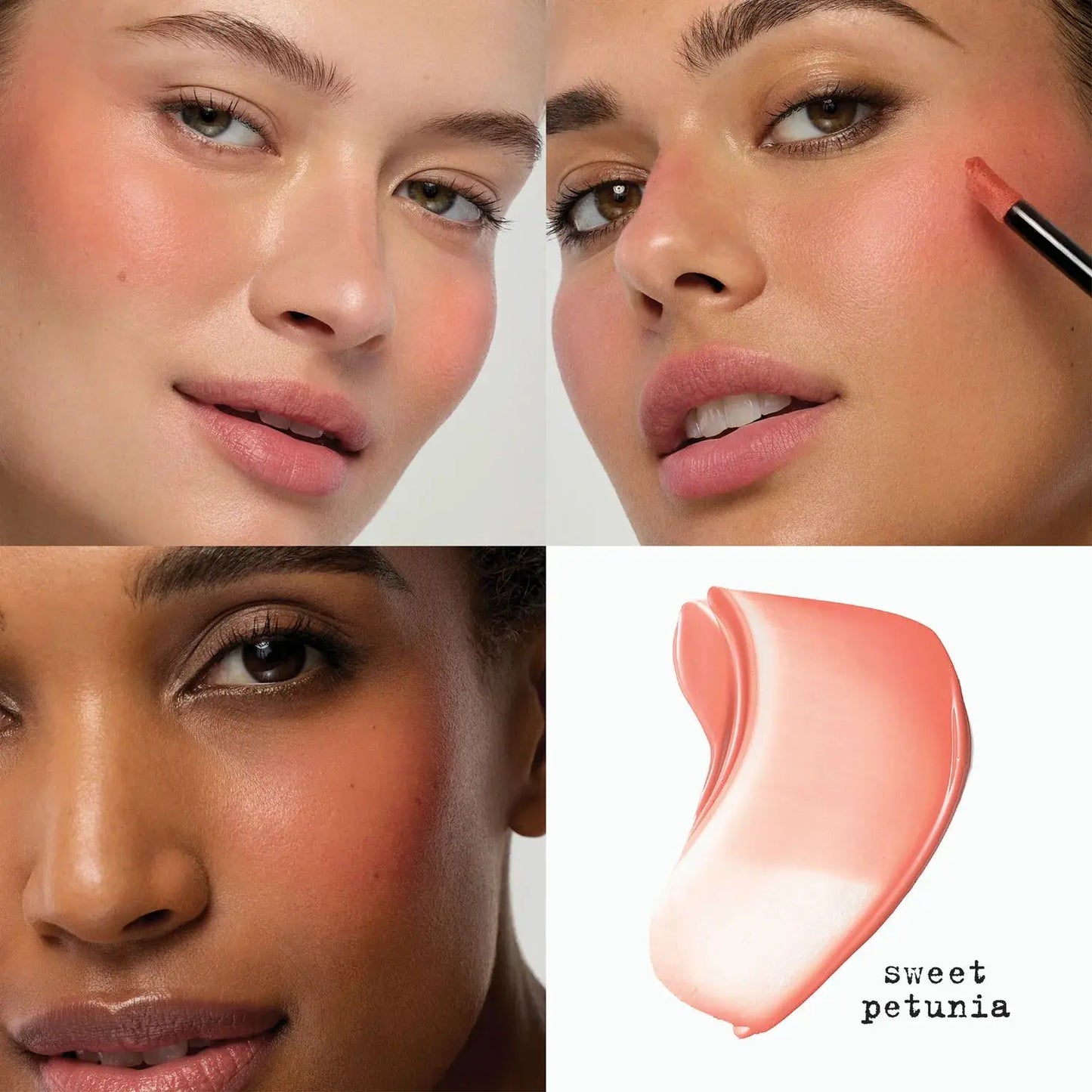 Collage of a woman applying blush with a brush, close-up of her face, and a swatch of blush color labeled 'sweet petunia'.