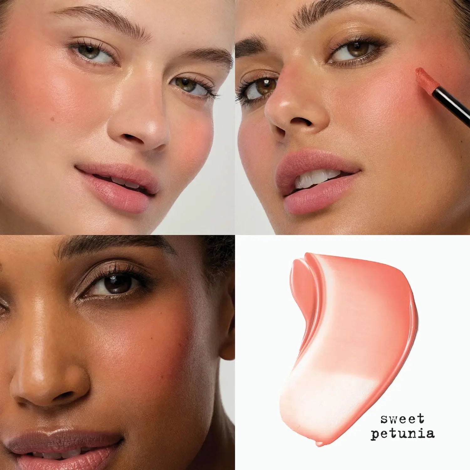 Collage of a woman applying blush with a brush, close-up of her face, and a swatch of blush color labeled 'sweet petunia'.