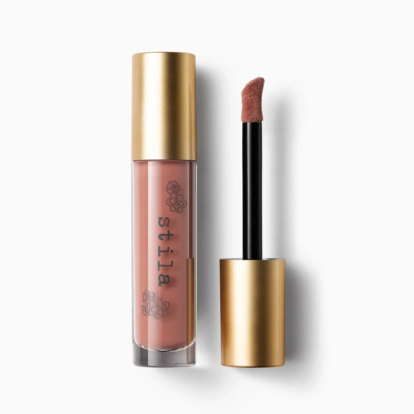 Lip gloss with gold cap and black applicator on a white background