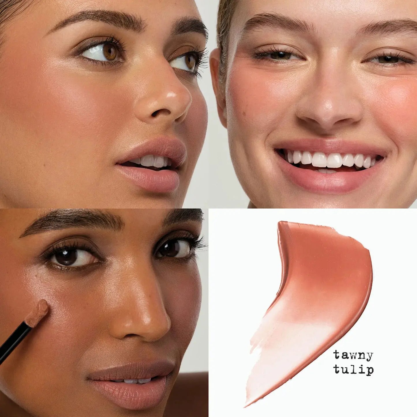 Collage of a woman applying makeup with a close-up of the 'tawny tulip' shade.